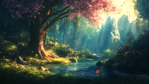 Sunlit cherry tree by a quiet forest stream of wonder.