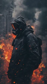 Hooded survivor in gas mask surveys flaming postwar city