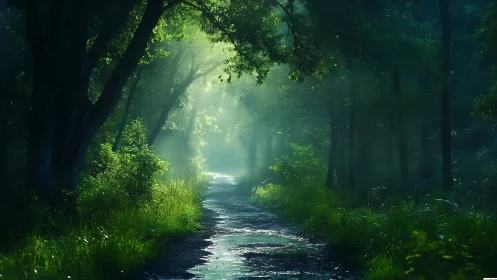 Enchanted Forest Path with Volumetric Light Rays and Stream