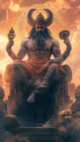 Radiant celestial guardian seated above glowing temples.