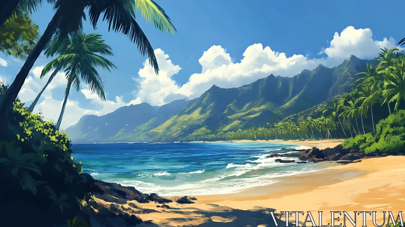 Tropical Beach Paradise with Mountains and Palm Trees