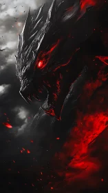 Monochrome dragon profile with red energy accents emerges