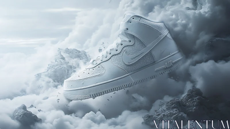 Icy white sneaker levitates in cloudlike atmospheric vignette