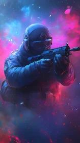 Armored rifle operator holds weapon in neon vapor field