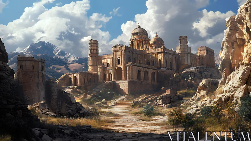 Grand stone citadel ruins in rocky mountain landscape.