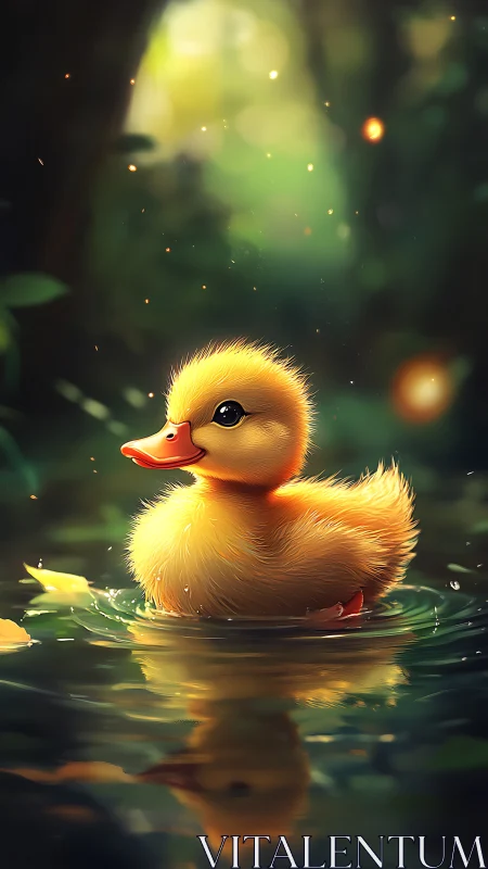 Golden duckling drifts through a glowing forest pond at dusk