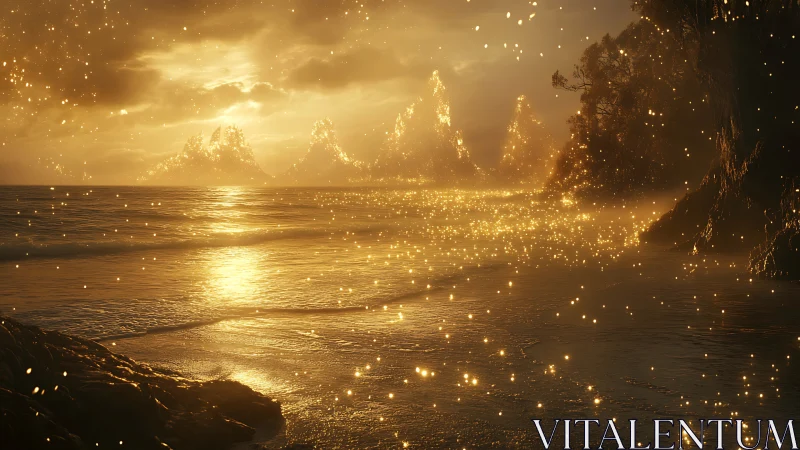 Rendered coastal shoreline under dense golden particle field