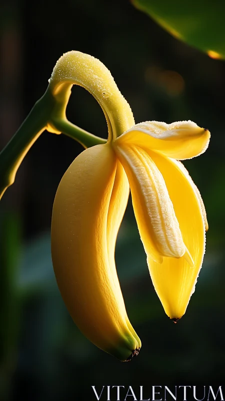 Banana-shaped yellow flower bud with dew in closeup view