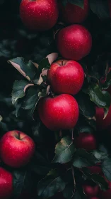 Ripe red apples hang warmly among deep green orchard leaves
