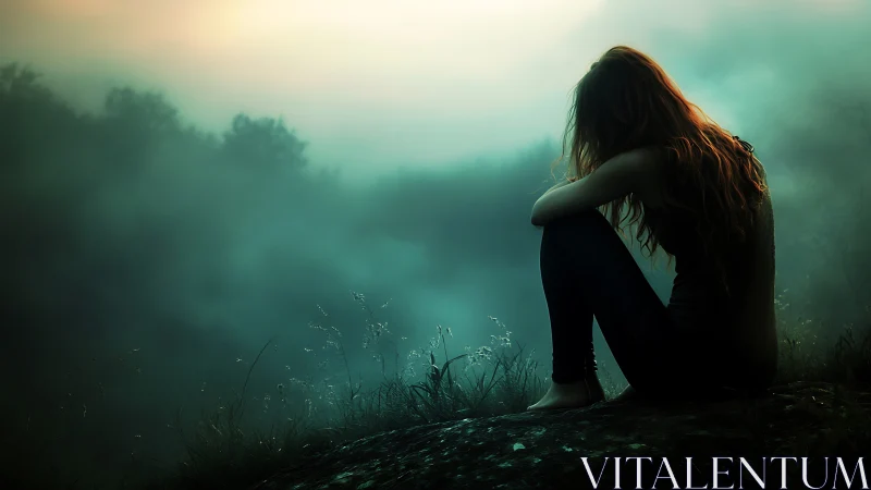 Silhouetted person seated on misty hillside at dusk.