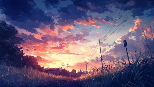 Sunset sky over rural road, power lines, and tall grass.