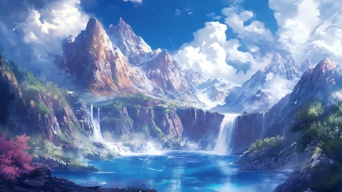 Vast fantasy mountains surrounding bright blue lake.