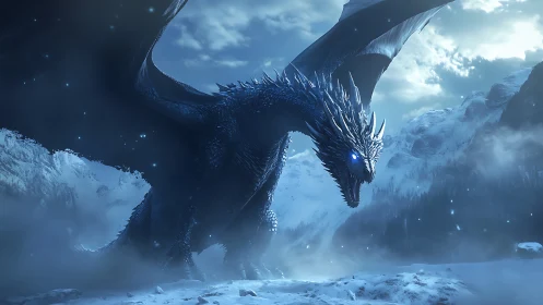3D icy dragon over frozen valley in cinematic high contrast.