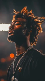 Stadium lights crown a focused athlete in cinematic glow