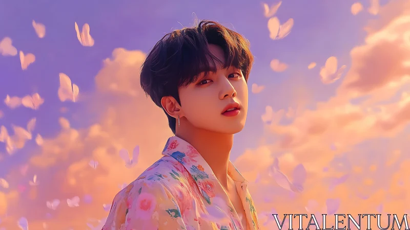 Dreamy floral portrait in pastel butterfly sunset glow.