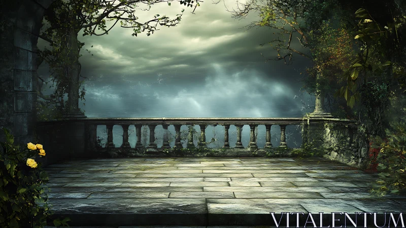 Stone terrace overlooks misty water under overcast sky