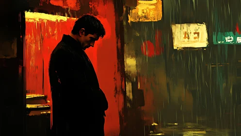 Solitary man in neon rain confronts urban loneliness