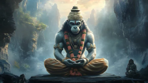 Serene monkey sage in misty canyon temple of quiet wonder.