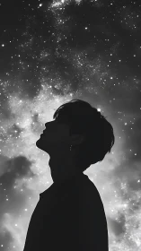 Silhouette of person in profile against dense star field.