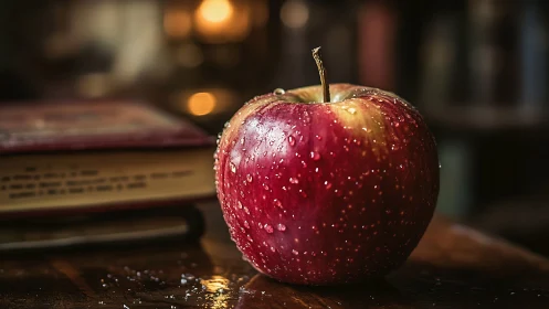 Story-soaked red apple gleaming beside a worn book.