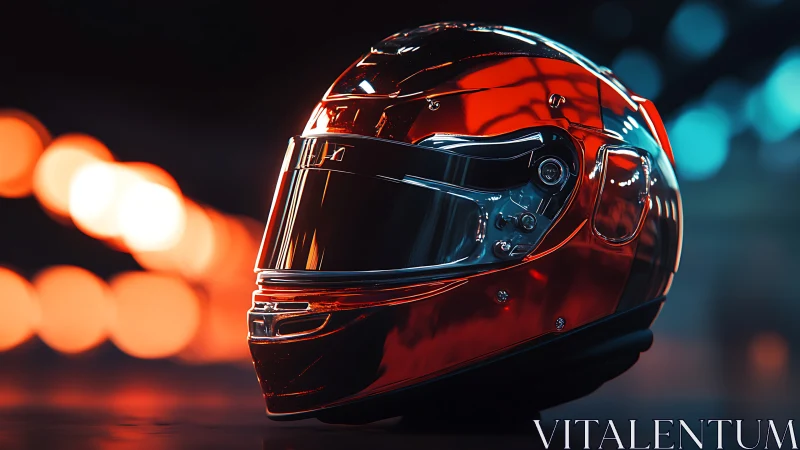 Metallic racing helmet is displayed under controlled lighting