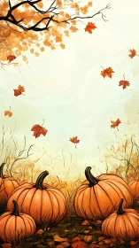 Autumnal pumpkin field with drifting maple leaves composition.