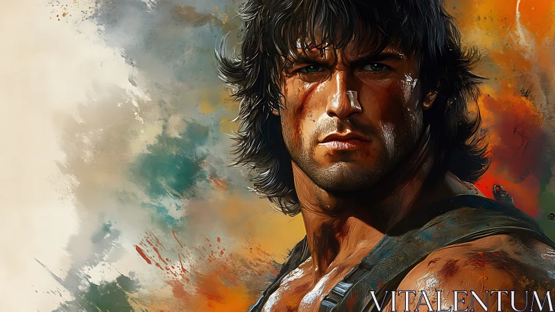 Battle-hardened warrior stares ahead amid explosive chaos.