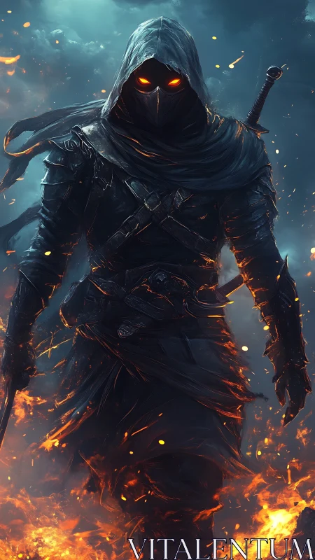 Fiery hooded warrior strides through glowing embers of night.