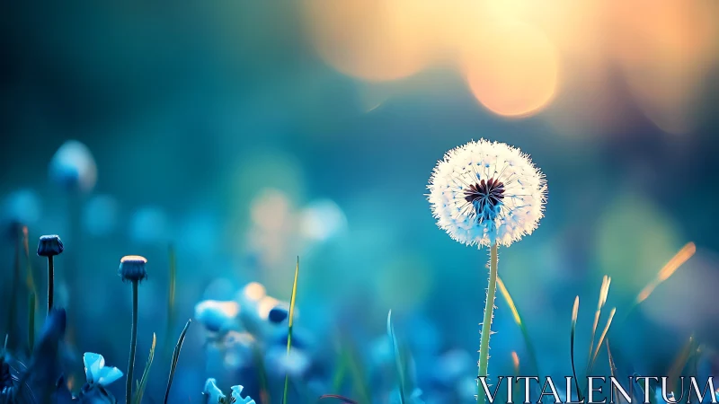 Backlit dandelion seed head against blue bokeh meadow field