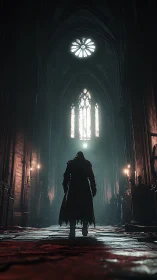 Lone cloaked figure walks under towering gothic cathedral light