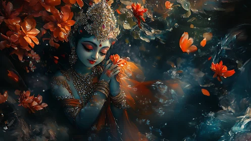 Divine blue figure with jeweled crown amid drifting orange lotuses.