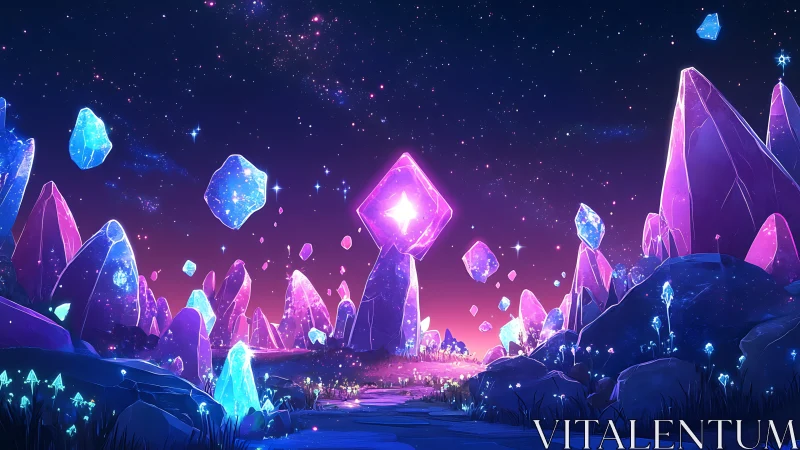 Shimmering crystal valley glows softly under a starry sky