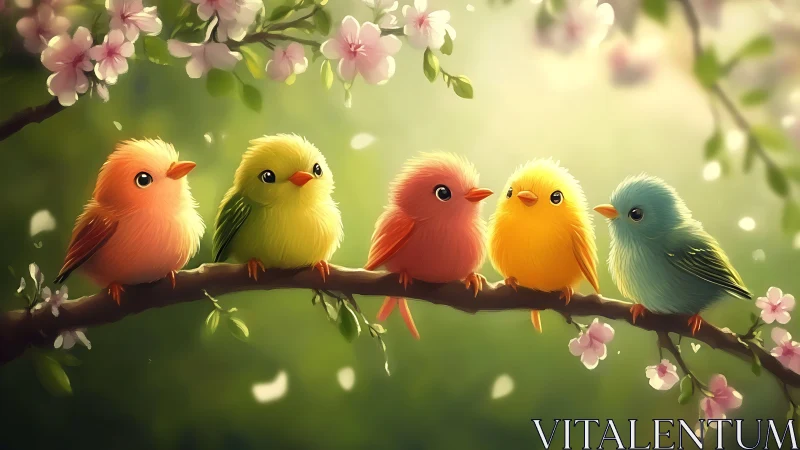 Five Colorful Cartoon Birds on Branch in Soft Spring Light.