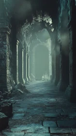 Mist-drenched ruins whisper quietly along a fading corridor