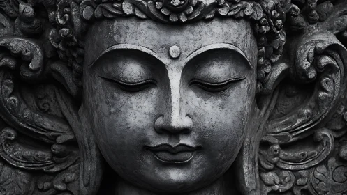 Stone relief sculpture shows stylized face with closed eyes