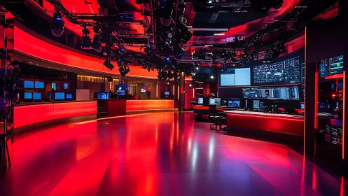 Modern broadcast newsroom with red illuminated workstations.