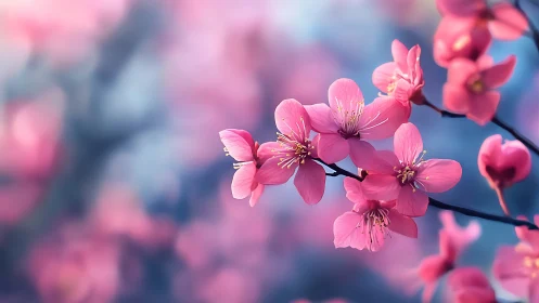Pink blossoms on dark branch against blurred blue background.