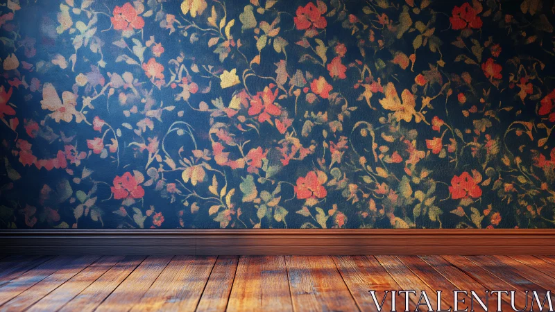 Vintage floral wall and warm wooden floor invite cozy style