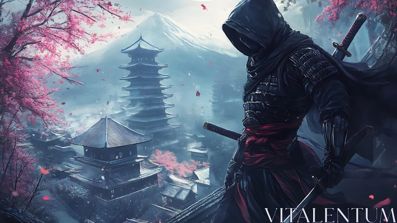 Shadowed samurai watching a misty cherry blossom temple.