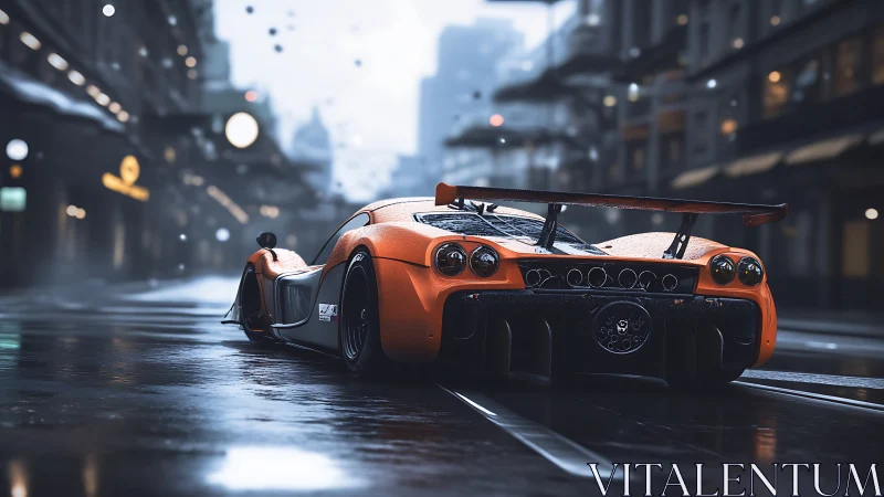 Orange track car on wet urban street at dusk.