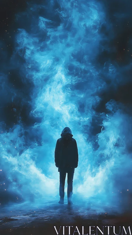 Lone hooded wanderer steps into a swirling blue portal light