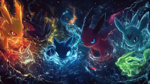 Elemental fox spirits swirling through cosmic starlit tides.