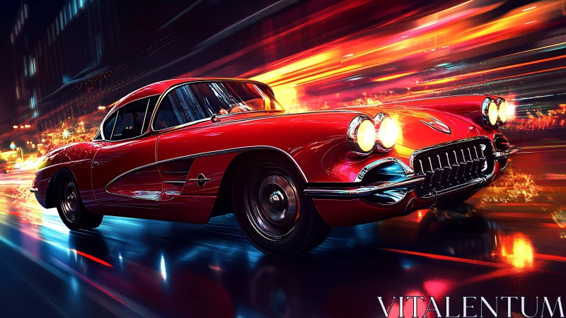Crimson retro sports car blazing through neon city streets.