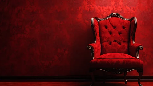 Red velvet throne against ornate textured wall backdrop.