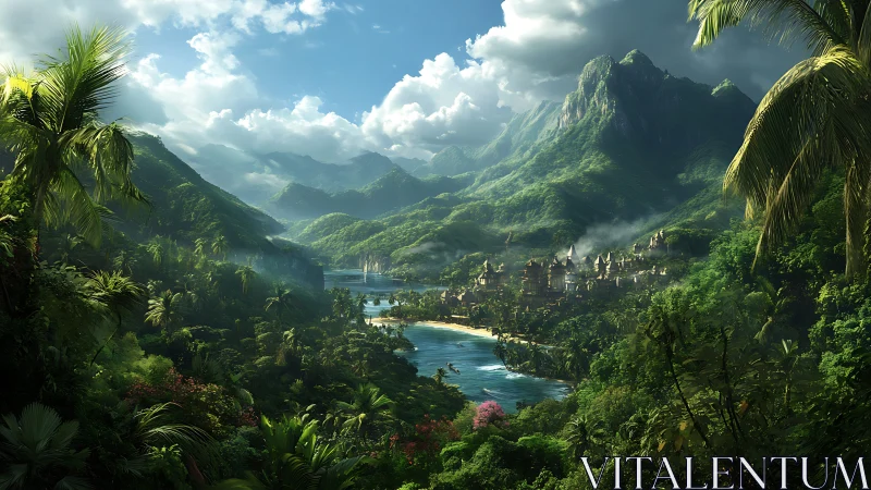 Lush mountain valley with river settlement beneath tropical peaks