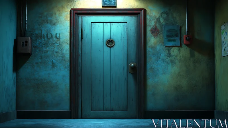 Worn teal door in dimly lit corridor with peeling walls.