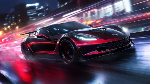 Sleek red sports car slices through neon soaked city streets