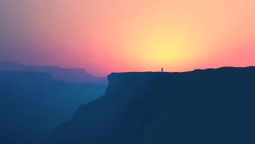 Silhouetted figure stands on plateau against gradient sunrise