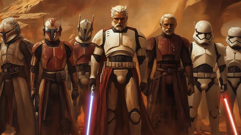 Armored desert strike team with dual lightsaber command presence.