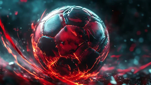 Molten midnight soccer ball wrapped in electric red fire.